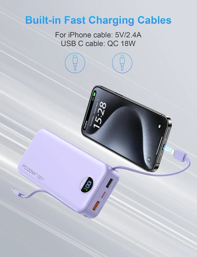 Alt view image 5 of 7 - Portable Charger Power Bank 20000mAh PD20W w/Built-in Cables