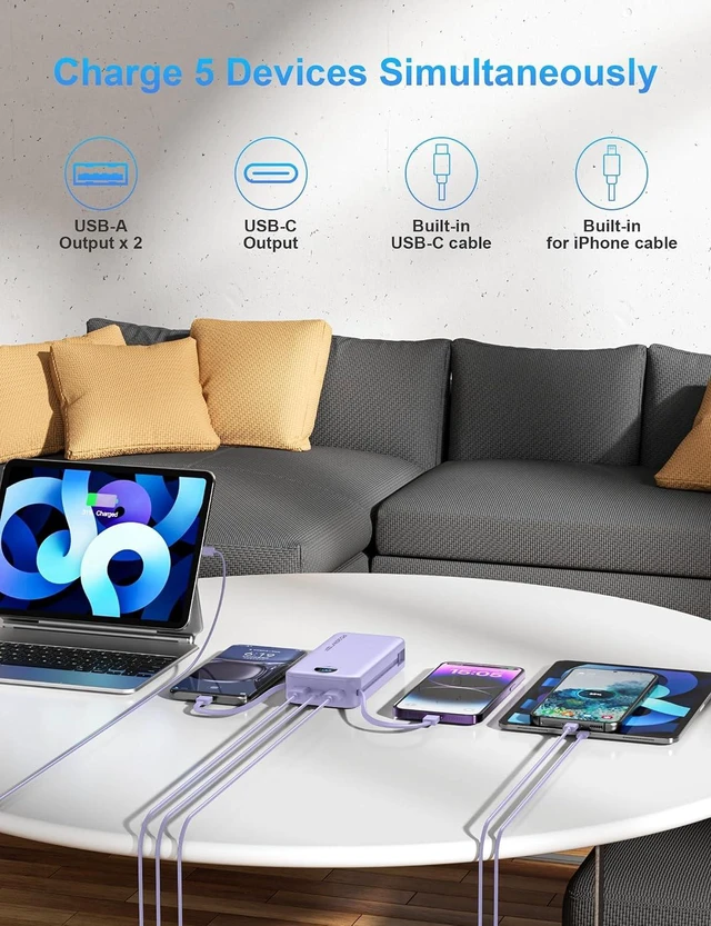Alt view image 7 of 7 - Portable Charger Power Bank 20000mAh PD20W w/Built-in Cables