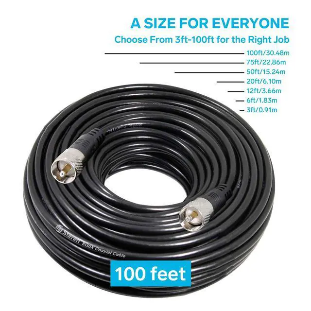 Alt view image 3 of 7 - STEREN RG8X Coaxial Cable 100 ft, CB Coax Cable with PL259 UHF Connectors, Male to Male Low Loss 50 Ohm for HAM Radio, LMR400, Antenna Analyzer