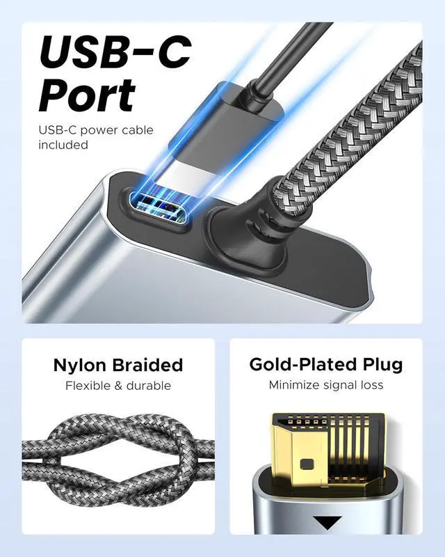 Alt view image 5 of 7 - Warrky HDMI Splitter 1 in 2 Out 4K, Mirror Only, USB-C Powered, Metal | 4K HDMI Splitter 1 in 2 Out for Dual Monitors, USB-C Powered, Metal Shell, Built-in 3.3ft Cable, Mirror Only