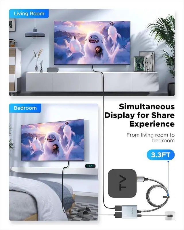 Alt view image 7 of 7 - Warrky HDMI Splitter 1 in 2 Out 4K, Mirror Only, USB-C Powered, Metal | 4K HDMI Splitter 1 in 2 Out for Dual Monitors, USB-C Powered, Metal Shell, Built-in 3.3ft Cable, Mirror Only