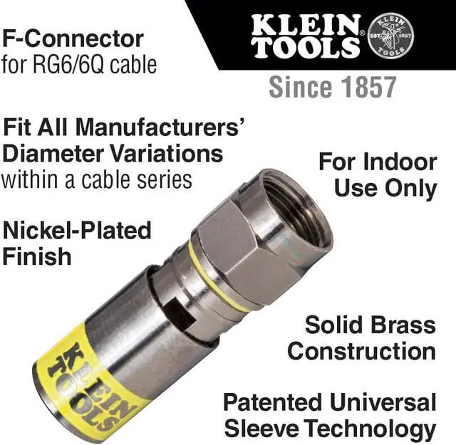 Alt view image 2 of 7 - Klein Tools VDV812-606 F-Connector for RG6/6Q Coaxial Cable, Universal Compression Connectors, Male, Professional Grade, 10-Pack
