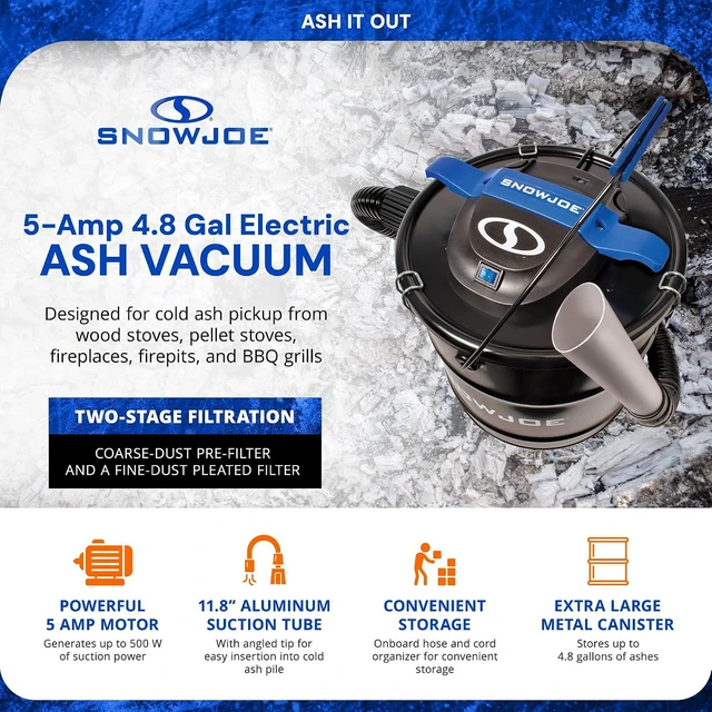 Alt view image 2 of 7 - Snow Joe Bagless Ash Vacuum Cleaner Machine, Metal Canister with Hose and Filter, 4.8 Gallon, 5-Amp Motor - Vacuuming and Cleaning Equipment for Home, Garage and Outdoor Spaces, ASHJ202E