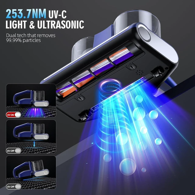 Alt view image 3 of 7 - Mattress Vacuum Bed Vacuum Cleaner 16Kpa Suction 253.7nm UV-C Light, 140°F Heated Air, 30000 RPM Brushroll, Ultrasonic, HEPA Filter, Handheld Vacuums for Carpet/Sofa, 500W Corded, (Light Blue)