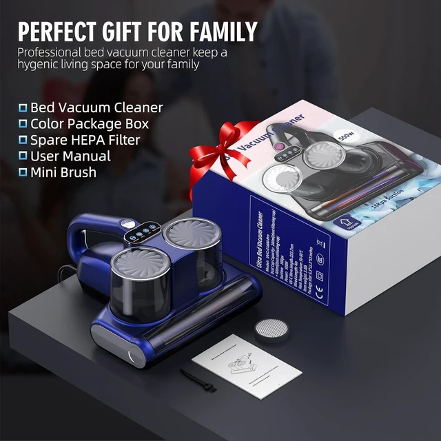 Alt view image 6 of 7 - Mattress Vacuum Bed Vacuum Cleaner 16Kpa Suction 253.7nm UV-C Light, 140°F Heated Air, 30000 RPM Brushroll, Ultrasonic, HEPA Filter, Handheld Vacuums for Carpet/Sofa, 500W Corded, (Light Blue)