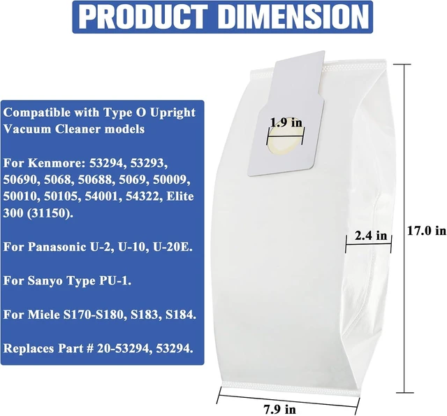 Alt view image 2 of 7 - 53294 Type O HEPA Cloth Vacuum Bags Replacement for Kenmore Upright Vacuum