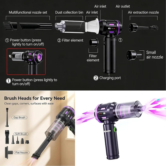 Alt view image 3 of 7 - Airpollo® Car Vacuum Portable Cordless Handheld Cleaner Aspiradora para Carro, 4 in 1 with LED Screen V2 Portable 29000 Pa Suction Air Blower, Rechargeable High Power for Home, Long Lasting Battery