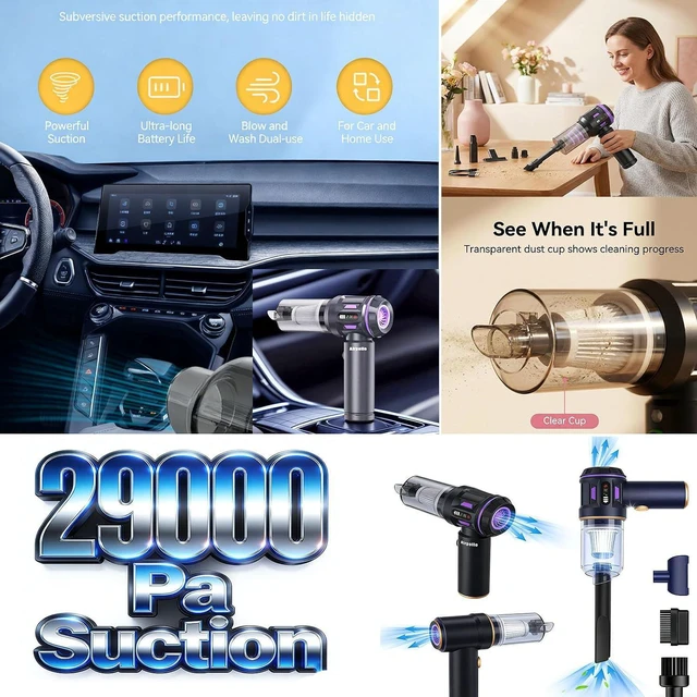 Alt view image 5 of 7 - Airpollo® Car Vacuum Portable Cordless Handheld Cleaner Aspiradora para Carro, 4 in 1 with LED Screen V2 Portable 29000 Pa Suction Air Blower, Rechargeable High Power for Home, Long Lasting Battery