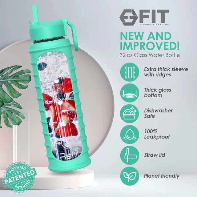 Alt view image 2 of 6 - FIT Strong & Healthy 32 oz Glass Water Bottle with Straw Lid - Wide Mouth Borosilicate Glass Water Bottles with Time Marker, Silicone Sleeve & Extra Lid - 1L Large Motivational Drinking Bottle