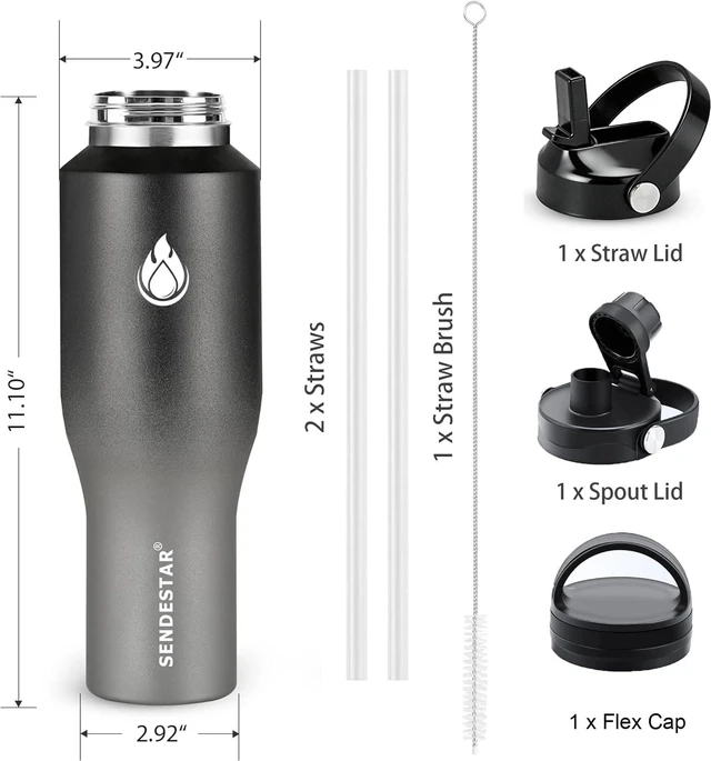Alt view image 6 of 7 - SENDESTAR 40oz Stainless Steel Water Bottle(Cold for 48 Hrs, Hot for 24 Hrs),Double Wall Vacuum Insulated Bottle with Straw Lid, Spout Lid and Flex Cap, Fit in Any Car Cup HolderGrey-B
