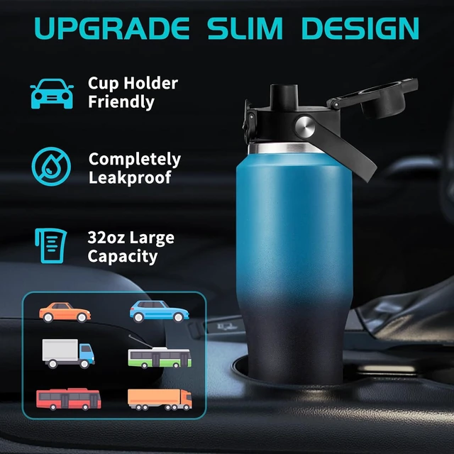 Alt view image 2 of 7 - Metal Water Bottle fits-in Cup Holder 32oz, Stainless Steel Vacuum Flask with Straw & Pop-up Chug Lid, Leak Proof Wide Mouth Thermo Keep Cold-48h & Hot-24 for Women Men