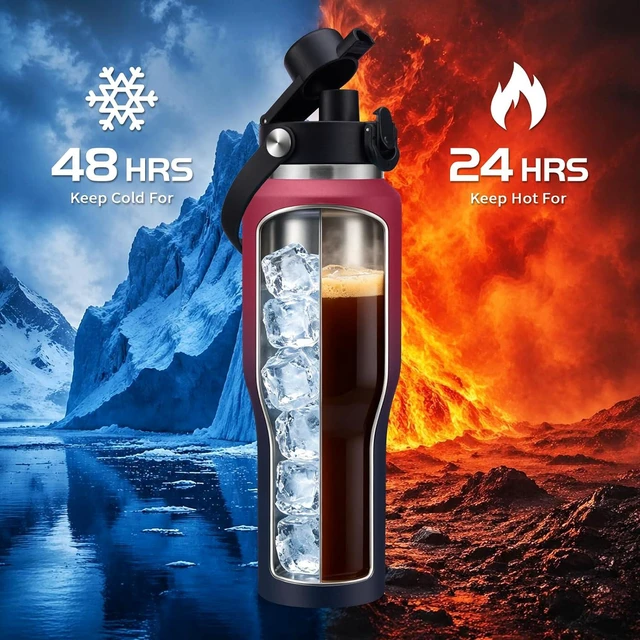 Alt view image 3 of 7 - Metal Water Bottle fits-in Cup Holder 32oz, Stainless Steel Vacuum Flask with Straw & Pop-up Chug Lid, Leak Proof Wide Mouth Thermo Keep Cold-48h & Hot-24 for Women Men