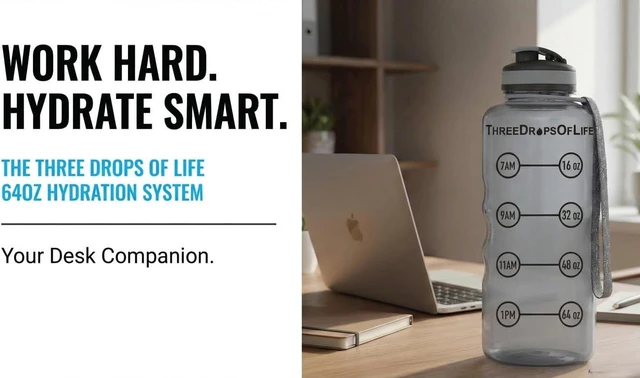 Alt view image 4 of 7 - Three Drops of Life 64oz Tritan Plastic Water Bottle, Large, Smoke Gray, High Capacity Hydration Tracker, BPA Free, Reusable, Best for Indoor, Outdoor, Sports Use