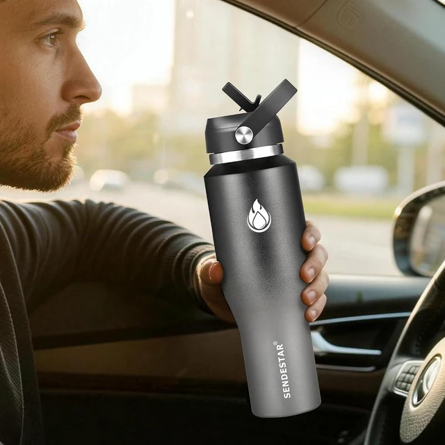 Alt view image 7 of 7 - SENDESTAR 40oz Stainless Steel Water Bottle(Cold for 48 Hrs, Hot for 24 Hrs),Double Wall Vacuum Insulated Bottle with Straw Lid, Spout Lid and Flex Cap, Fit in Any Car Cup HolderGrey-B