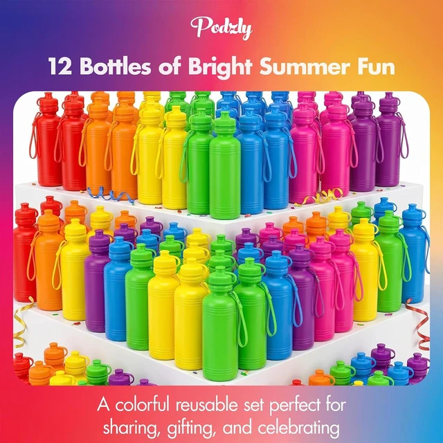 Alt view image 7 of 7 - Bulk Water Bottles for Kids 12 Pack 18 Oz Neon Plastic Water Bottles Bulk