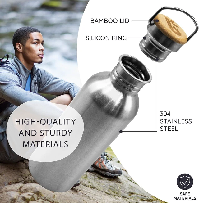 Alt view image 2 of 7 - Bambaw Stainless Steel Water Bottles 32 oz, Non-insulated Single Wall Metal Water Bottle Stainless Steel, Reusable & Eco Friendly, Dishwasher Safe Silver