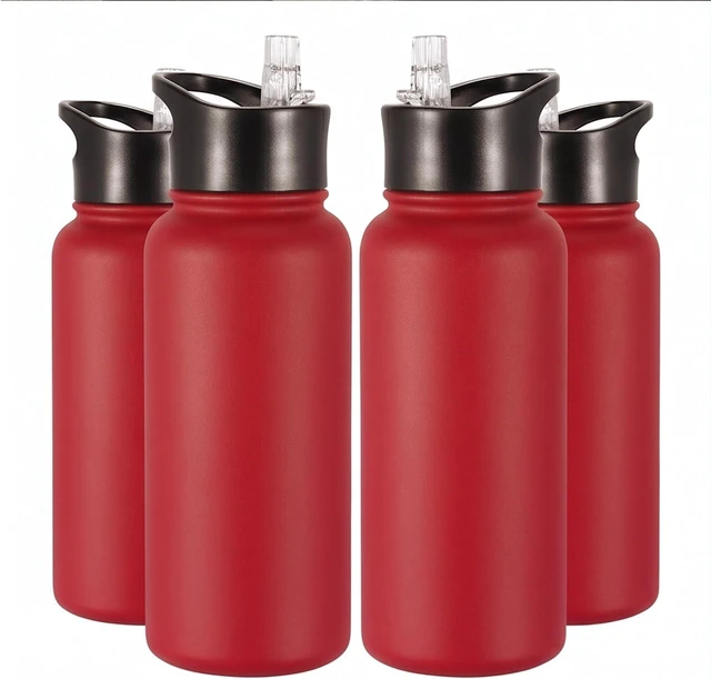 Main image of VEGOND 32 oz Insulated Water Bottle Bulk Stainless Steel Metal Water Bottles with Leak Proof Straw Lid & Spout Lid, Wide Mouth Double Walled Vacuum Travel Sports Bottle, Red 4 Pack