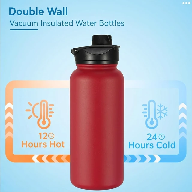 Alt view image 3 of 7 - VEGOND 32 oz Insulated Water Bottle Bulk Stainless Steel Metal Water Bottles with Leak Proof Straw Lid & Spout Lid, Wide Mouth Double Walled Vacuum Travel Sports Bottle, Red 4 Pack
