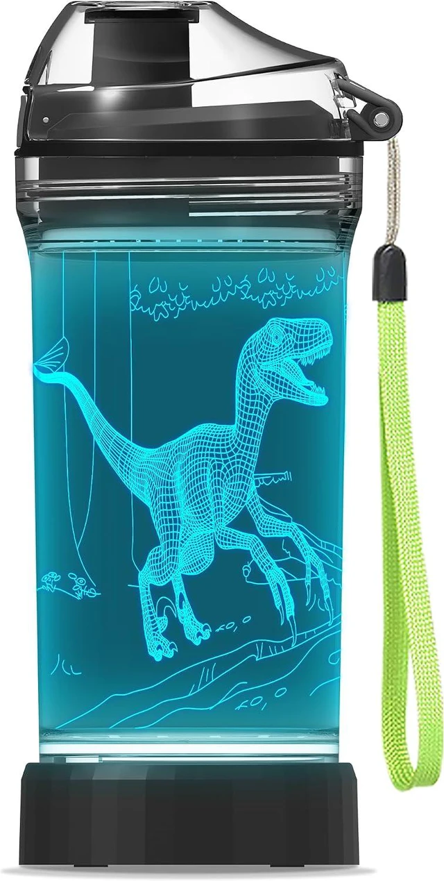 Main image of YuanDian Light Up Dinosaur Water Bottle with Color Changing Night Light- 14 OZ Tritan BPA Free Eco-Friendly - Cute Velociraptor Kids Drinking Cups Gift for School Boy Girl Child Christmas Holiday