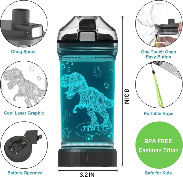 Alt view image 7 of 7 - Lightzz Kids Watter Bottle3D Dinosaur Cup with LED Illusion Light with 7 Color Changing Light - 14 0z BPA Free - Creative Travel Cup Dinosaur Gift for School Kid Boy Holiday