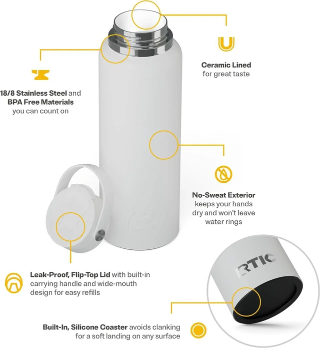 Alt view image 3 of 7 - RTIC 40oz Outback Water Bottle, Ceramic Lined, White