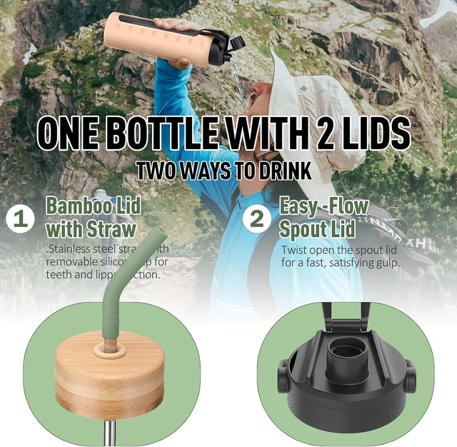 Alt view image 2 of 7 - 24oz Glass Water Bottle with Straw and 2 Lids, Olive