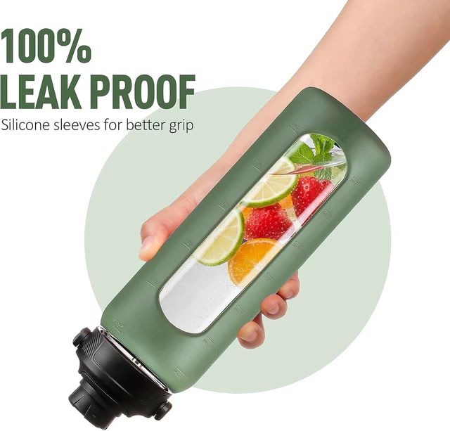 Alt view image 4 of 7 - 24oz Glass Water Bottle with Straw and 2 Lids, Olive