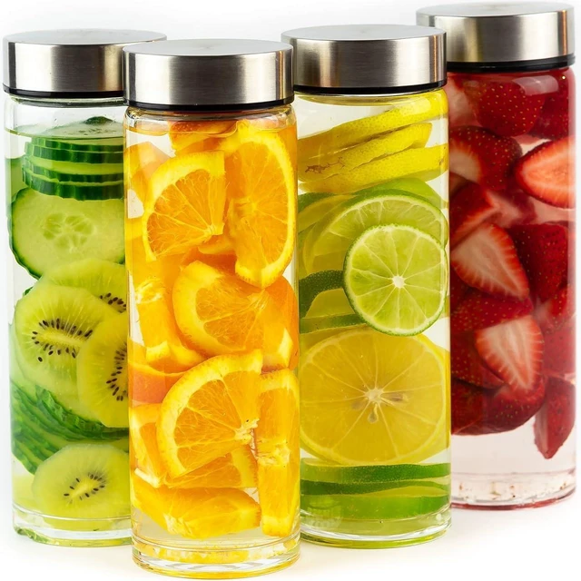 Main image of Juice Bottles, Wide Mouth Glass Water Bottles & Stainless Steel Lids, 16oz