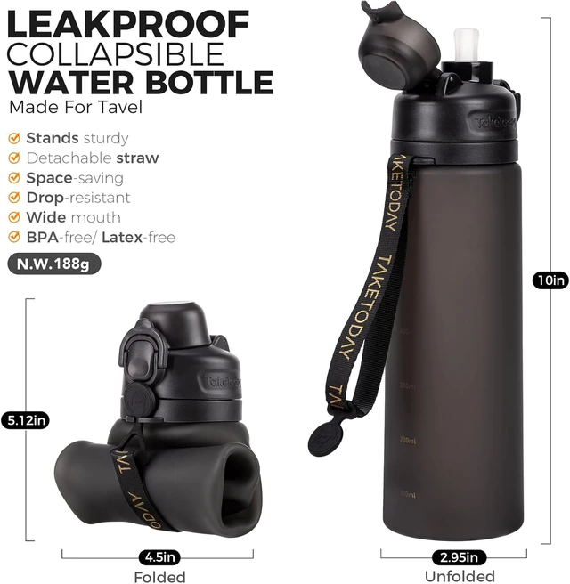 Alt view image 2 of 7 - TakeToday Collapsible Water Bottles 21oz (600mL), Foldable Platinum Silicone Travel Water Bottle with Straw & Carry Strap, Leak-Resistant Screw Lid, Wide Mouth, BPA-Free for Hiking, Camping, Travel