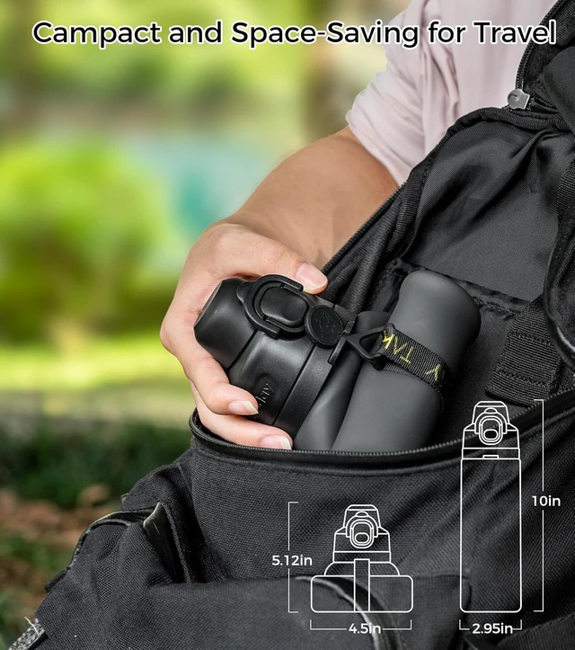 Alt view image 5 of 7 - TakeToday Collapsible Water Bottles 21oz (600mL), Foldable Platinum Silicone Travel Water Bottle with Straw & Carry Strap, Leak-Resistant Screw Lid, Wide Mouth, BPA-Free for Hiking, Camping, Travel