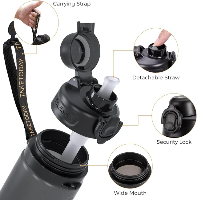 Alt view image 7 of 7 - TakeToday Collapsible Water Bottles 21oz (600mL), Foldable Platinum Silicone Travel Water Bottle with Straw & Carry Strap, Leak-Resistant Screw Lid, Wide Mouth, BPA-Free for Hiking, Camping, Travel
