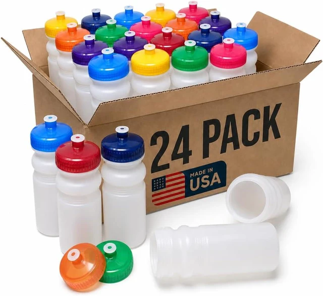 Main image of Rolling Sands Reusable Bulk Water Bottles 24 Pack - 20 Oz Sports Water Bottles, USA Made, BPA-Free, Wide Mouth for Easy Cleaning, Dishwasher Safe, Break Resistant - Clear Frost Bottle/Variety Lid