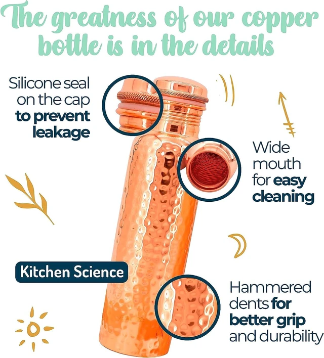 Alt view image 3 of 5 - Kitchen Science- Hammered Copper Water Bottle 34oz/1000ml with Carry Bag Leak-Proof, Heavy Duty, Lab-Tested, Ayurvedic Bottle