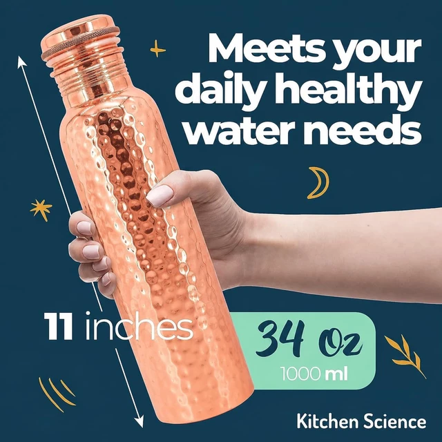 Alt view image 4 of 5 - Kitchen Science- Hammered Copper Water Bottle 34oz/1000ml with Carry Bag Leak-Proof, Heavy Duty, Lab-Tested, Ayurvedic Bottle