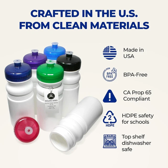 Alt view image 6 of 7 - Rolling Sands USA Made 20 Ounce Sports Water Bottles - 6-Pack BPA-Free Blank Sports Bottles for Small Teams, Adults & Kids - Clear Frost Bottle/Rainbow Lid, No Smell No Taste