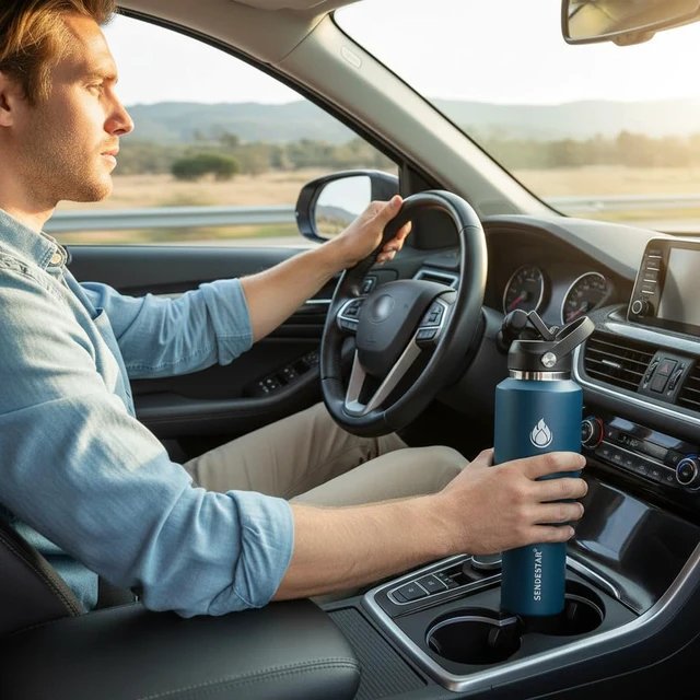 Alt view image 2 of 7 - SENDESTAR 40oz Stainless Steel Water Bottle(Cold for 48 Hrs, Hot for 24 Hrs),Double Wall Vacuum Insulated Bottle with Straw Lid, Spout Lid and Flex Cap, Fit in Any Car Cup HolderNavy