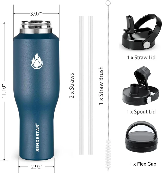 Alt view image 7 of 7 - SENDESTAR 40oz Stainless Steel Water Bottle(Cold for 48 Hrs, Hot for 24 Hrs),Double Wall Vacuum Insulated Bottle with Straw Lid, Spout Lid and Flex Cap, Fit in Any Car Cup HolderNavy