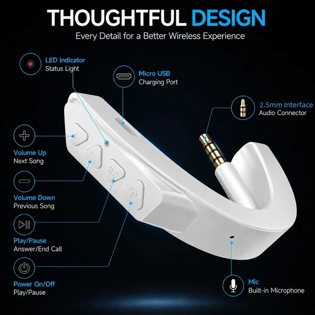 Alt view image 4 of 7 - aptX Wireless Bluetooth Adapter for Bose QuietComfort 25, White