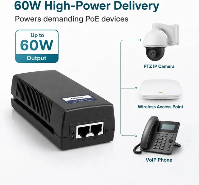 Alt view image 2 of 7 - BV-Tech 60W Gigabit PoE++ Injector-Level VI Efficiency - (802.3af/at NDAA Compliant) High Power Adapter for PTZ Cameras, Wi-Fi 6 APs & VoIP (Up to 328 ft, Plug & Play)