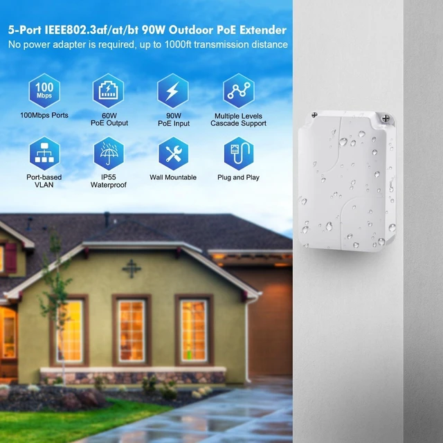 Alt view image 2 of 7 - MokerLink Outdoor 5 Port PoE Extender, IEEE 802.3 af/at/bt PoE Repeater 90W, 10/100Mbps, 1 PoE in 4 PoE Out, Wall Mount Waterproof POE Passthrough Switch