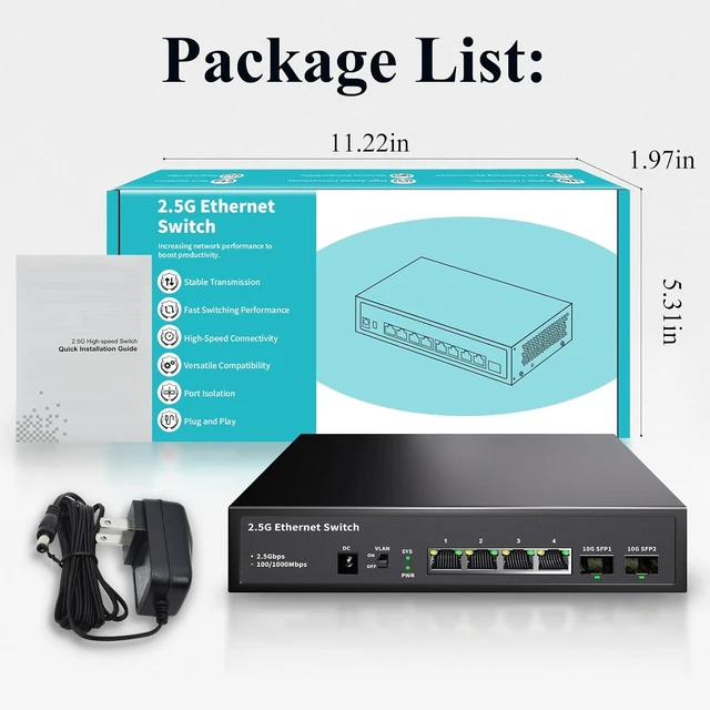 Alt view image 7 of 7 - 6 Port 2.5GB Ethernet Switch Unmanaged Network Switch | 4 x 2.5 Gigabit | 2 x 10G SFP+ | Multigig Switch 10-100-1000Mbps | 60G Bandwidth | Plug & Play | Fanless Metal Ethernet Switch
