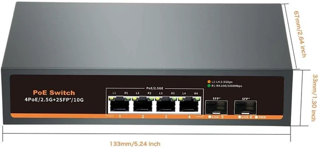 Alt view image 7 of 7 - 2.5G Unmanaged PoE Switch with 4 x 2.5G Base-T Ports and 2 x 10G SFP Uplink Port, Compatible with 100/1000/2500Mbps, Fanlesss Design, Plug & Play, 2.5Gb Power Over Ethernet Switch