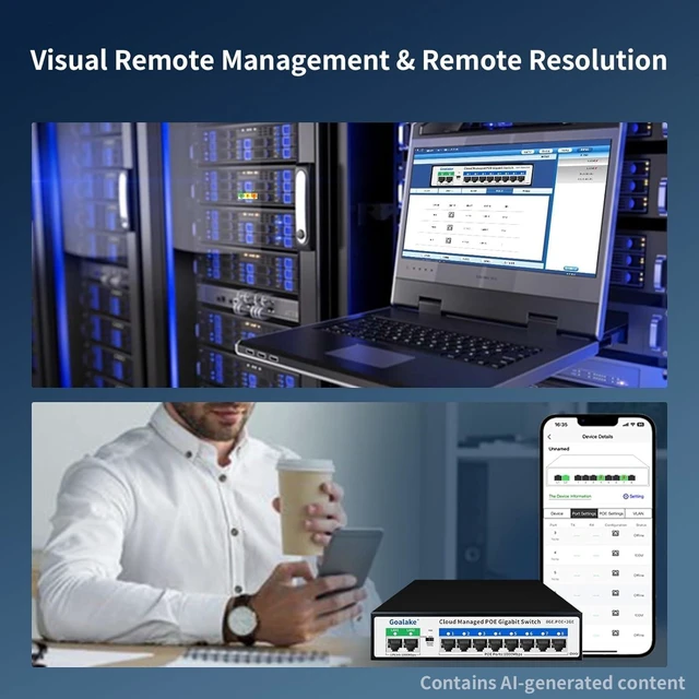 Alt view image 4 of 7 - Goalake 8 Ports Gigabit PoE Switch with 2 Gigabit Uplinks, Cloud Managed for Small Business & Home Security,120W for IP Cameras/WiFi APs, Easy Manage via App/Web, VLAN/QoS, Fanless Metal,Plug-and-Play
