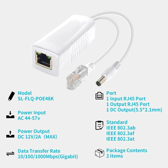 Alt view image 4 of 7 - 2-Pack Gigabit Active PoE Splitter, 48V to 12V 2A, IEEE802.3af/at