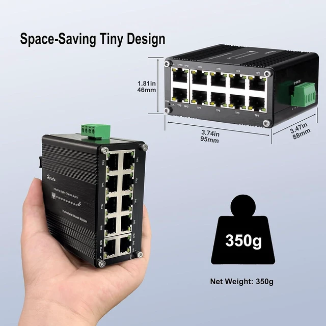 Alt view image 2 of 7 - 10 Port Gigabit Ethernet Unmanaged Switch, Industrial Network Switch with 10 x RJ45 Ports, 10/100/1000 Mbps, Plug & Play, Metal Case, Supports 12-48V DC Input