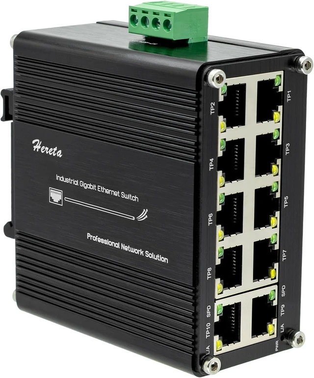 Main image of 10 Port Gigabit Ethernet Unmanaged Switch, Industrial Network Switch with 10 x RJ45 Ports, 10/100/1000 Mbps, Plug & Play, Metal Case, Supports 12-48V DC Input