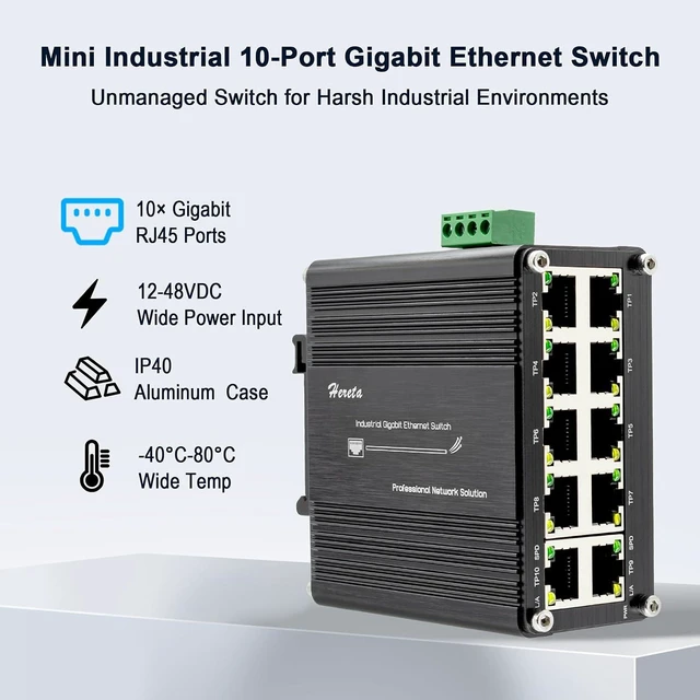 Alt view image 3 of 7 - 10 Port Gigabit Ethernet Unmanaged Switch, Industrial Network Switch with 10 x RJ45 Ports, 10/100/1000 Mbps, Plug & Play, Metal Case, Supports 12-48V DC Input