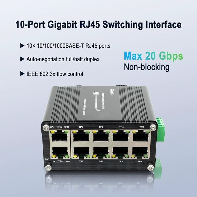 Alt view image 4 of 7 - 10 Port Gigabit Ethernet Unmanaged Switch, Industrial Network Switch with 10 x RJ45 Ports, 10/100/1000 Mbps, Plug & Play, Metal Case, Supports 12-48V DC Input