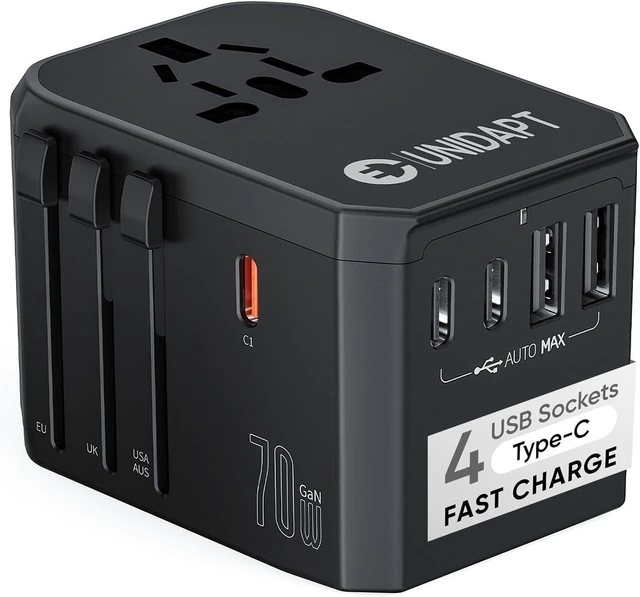 Main image of Unidapt 70W Universal Travel Adapter, USB C PD Fast Charging, Black