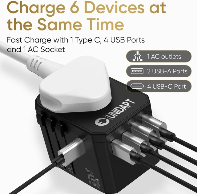 Alt view image 2 of 7 - Unidapt 70W Universal Travel Adapter, USB C PD Fast Charging, Black